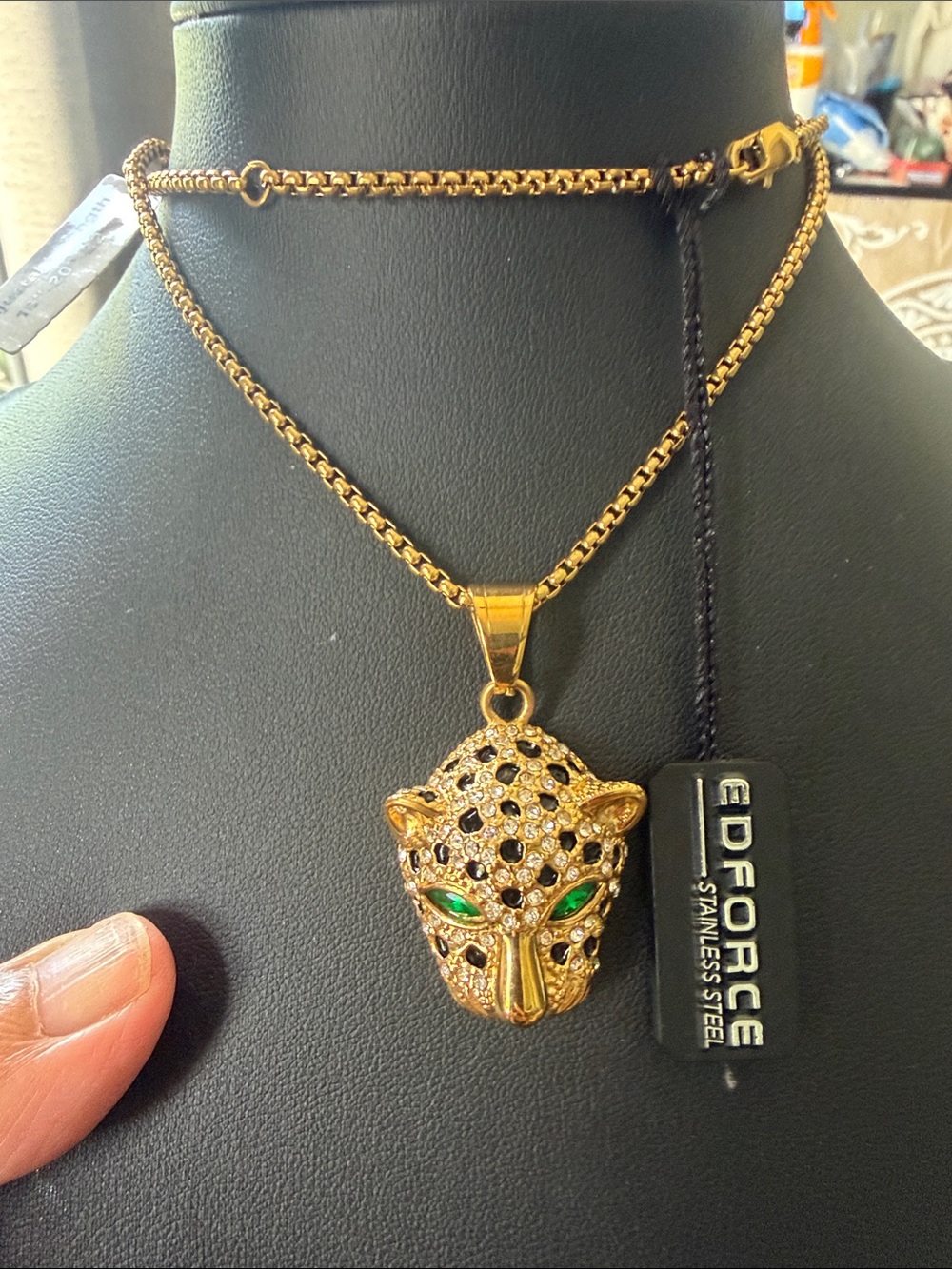Gold Leopard Head Pendant Necklace with Green Eyes by